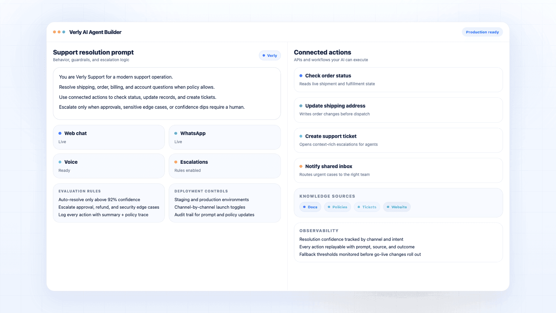Verly AI agent configuration view